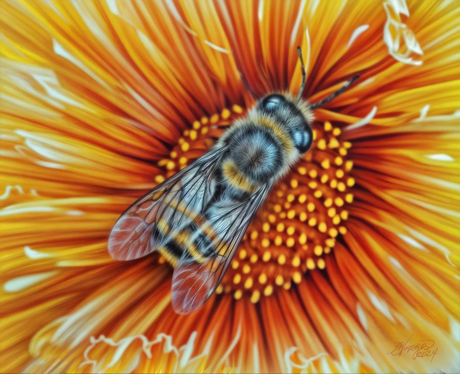 Bee on sunflower digital painting by Ulises Vargas