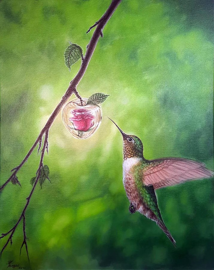 Forbidden Nectar hummingbird painting by Ulises Vargas